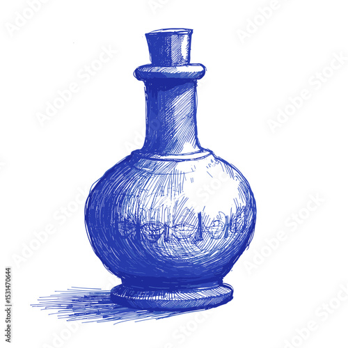 Vintage sketch done in blue ink on a white background of ink bottle, showcasing artistry for creative projects
