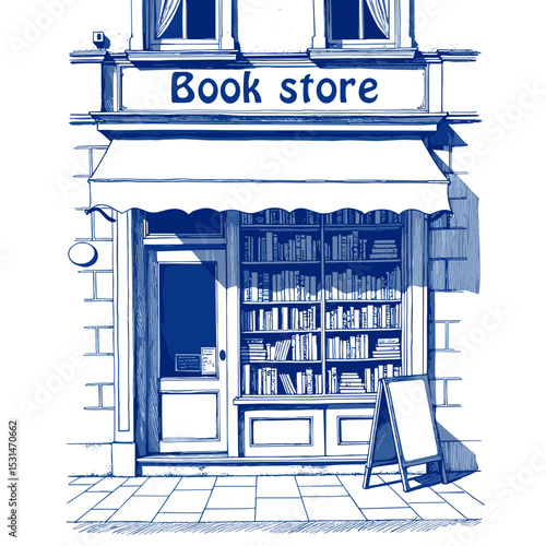 Bookstore vintage sketch done in blue ink on a white background, charming storefront display inviting readers