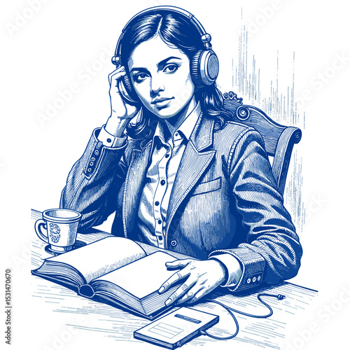 Vintage sketch done in blue ink on a white background of a woman listening to an audiobook while studying at her desk, ideal for educational blogs and content