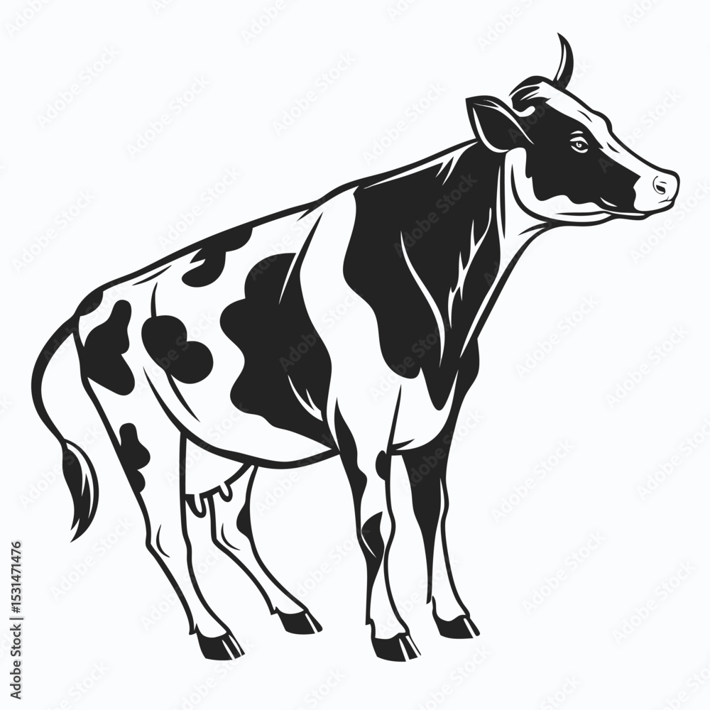 Fototapeta premium Black and white Holstein cow stands facing right within this minimalist style