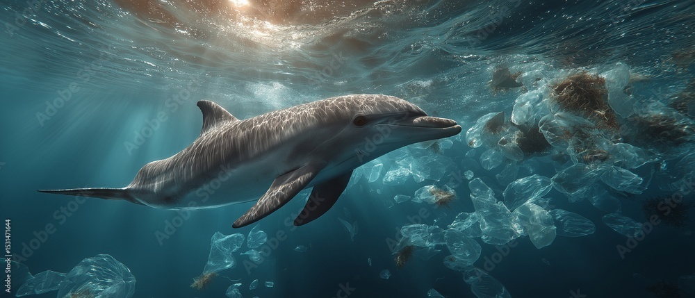 Obraz premium The graceful dance of a dolphin is a stark and tragic contrast to the plastic-filled water it calls home, highlighting the destruction plastic pollution causes in marine ecosystems.