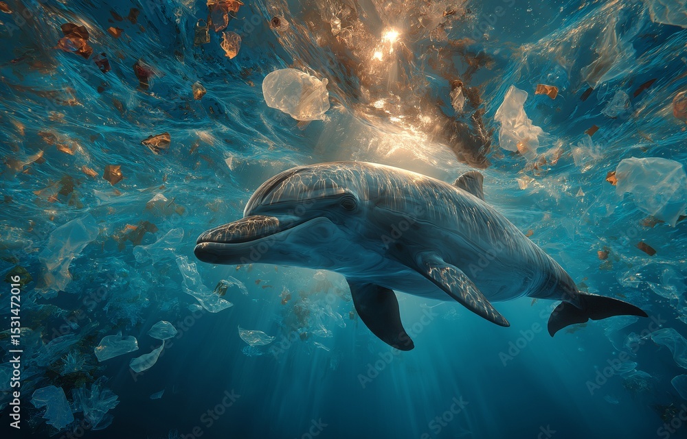 Obraz premium The graceful dance of a dolphin is a stark and tragic contrast to the plastic-filled water it calls home, highlighting the destruction plastic pollution causes in marine ecosystems.