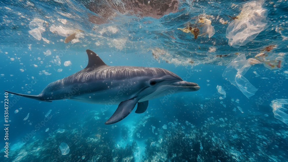 Fototapeta premium The graceful dance of a dolphin is a stark and tragic contrast to the plastic-filled water it calls home, highlighting the destruction plastic pollution causes in marine ecosystems.