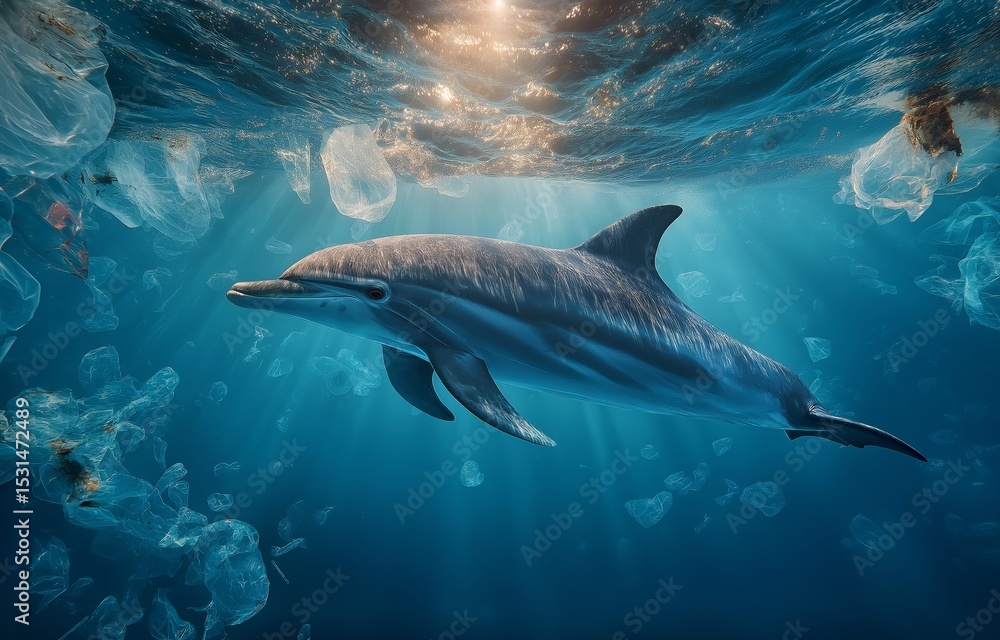 Fototapeta premium The graceful dance of a dolphin is a stark and tragic contrast to the plastic-filled water it calls home, highlighting the destruction plastic pollution causes in marine ecosystems.