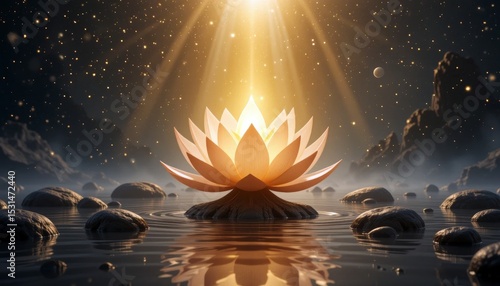  Glowing golden lotus radiating light from center, surrounded by calm reflective water and mist
Concept of spiritual awakening and tranquility