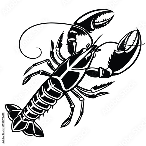Black crustacean silhouette showcases bold claws and a segmented body, creating a striking seafood emblem