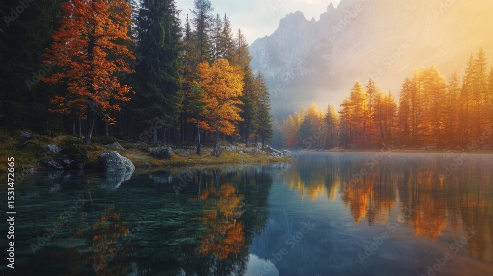 Fototapeta premium Autumnal Forest Landscape Reflected in Lake Water with Misty Mountain Backdrop
