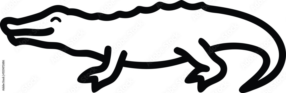 Black outline depicts a friendly alligator with a curved tail and smiling expression Black outline depicts a friendly alligator with a curved tail and smiling expression