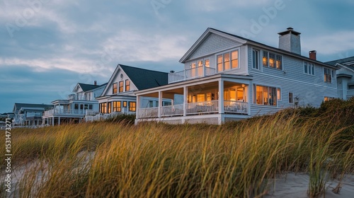 A generic oceanfront beach house condo offers a luxurious real estate option with a night time exterior view, perfect for a summer home vacation location