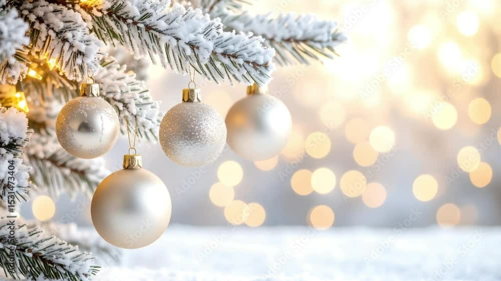 Snowy Christmas tree with ornaments, bokeh lights, winter scene, holiday card Snowy Christmas tree with ornaments, bokeh lights, winter scene, holiday card