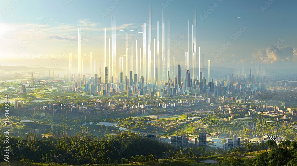 Fototapeta premium Surreal skyline where each tower is a bar of the global GDP chart