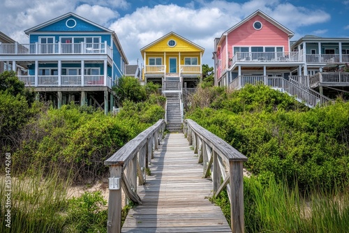 Three luxury beach houses for rent are accessible via a long wooden dock on the intercoastal waterway at Sunset Beach, North Carolina
