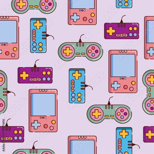 Hand drawn vector pattern with joysticks and gamepads in bright colors. Trendy background in retro style. Videogames wallpaper. Classic gadget console for gamers and pc geeks