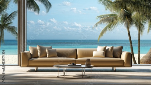 The interior of a modern home or luxury hotel includes a large living room with a concrete floor, where a sofa is placed, and a minimal 3D rendering design that offers a view of the beach and sea