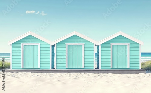 Blue beach cabins line up in Brighton Beach, accompanied by the iconic Hokusaï Wave