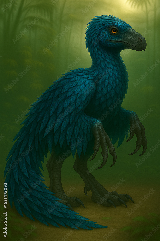 Obraz premium Realistic Feathered Blue Dinosaur in a Misty Prehistoric Forest (Digital Concept Art – Version A)