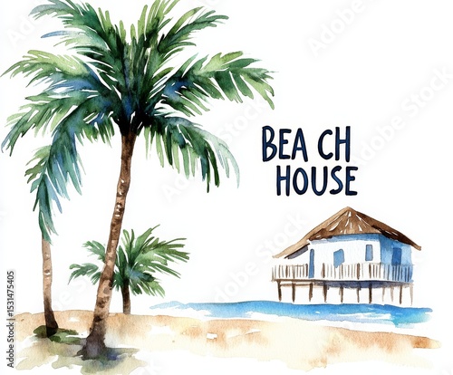 The scene of a white beach house under palm trees is captured in a watercolor sketch of a tropical landscape