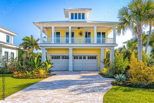 Luxury villa mansion houses line the Gulf of Mexico coast in Bonita Springs, Florida, showcasing waterfront architecture, colorful painted buildings, and garages