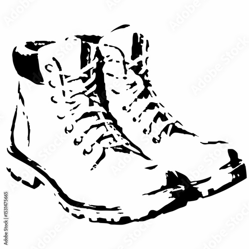 Sturdy hiking boots in black and white outline illustration  