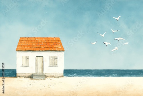 The design of this beach house includes a white hut adorned with decorations and birds like seagulls, set against a watercolor illustration of a coastal scene with symbols of summer leisure and