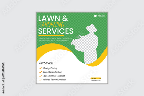 Lawn gardening service social media banner design. Agriculture and farming business advertisement flyer design. Landscaping and lawn mower service promotion social media post template vector.