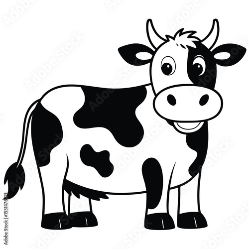 Cartoon black and white cow smiling with spots standing still in a format