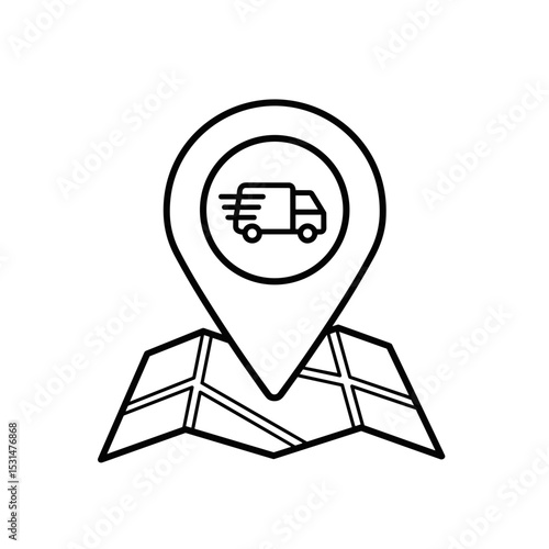 Delivery truck icon on location pin over map background  