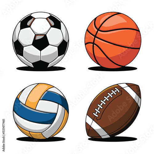 A vector illustration set of various sports balls including soccer, basketball, tennis, baseball, volleyball, rugby, golf, bowling, hockey, and handball
