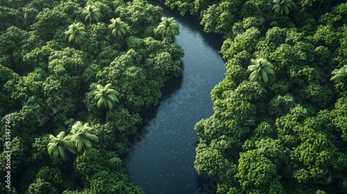 Aerial View of Lush Jungle River