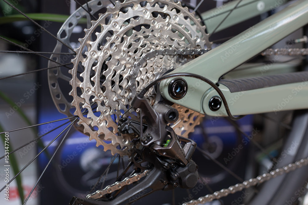 Obraz premium on rear transmission of bicycle. Racing bike cassette, precision internal thread cassette made of high-strength steel for cycling.E-bike gear.Bike parts detail.n