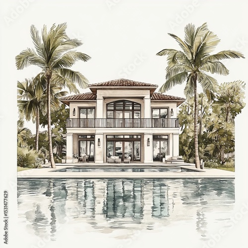 The image features a tropical beach house in a watercolor style, isolated on a white surface
