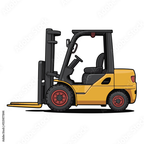 Yellow industrial forklift truck loading cargo in a warehouse