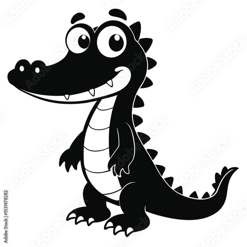 Cute cartoon alligator character shows off his toothy smile in the monochrome image