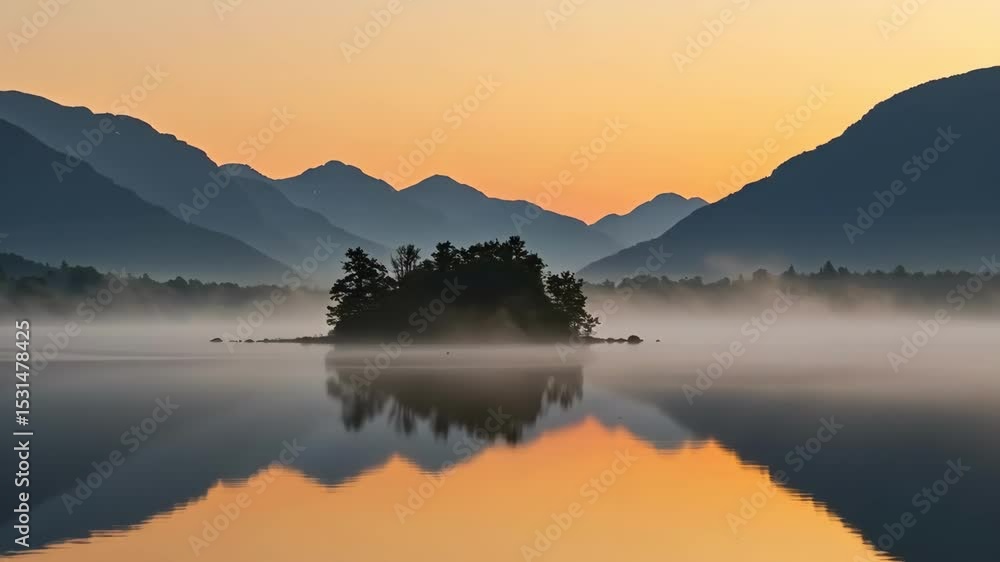 A serene sunrise over a misty lake with mountains in the background. A serene sunrise over a misty lake with mountains in the background.
