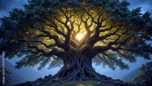 Giant tree glowing from inside under snowfall on icy ground with twisted branches. Concept of sacred nature and inner power