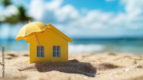 The sun shines down on a tiny yellow model beach house accompanied by a beach umbrella, positioned on the sand near the waves