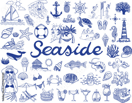 Hand drawn coastal dooles bundle including sea creatures,beach activities, nautical elements, vector illustration,