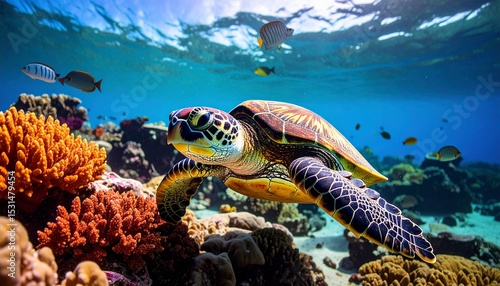 Brightly Colored Sea Turtle Swimming Among Vibrant Coral Reefs in Crystal Blue Ocean