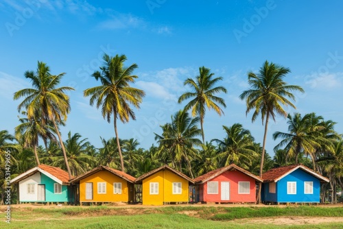 Huts of various colors on the beach with palm trees serving as a backdrop in G
