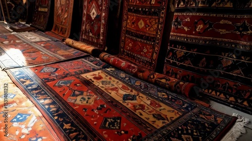 A row of vibrant traditional rugs and carpets in a market display with intricate designs and rich colors, creating an inviting atmosphere.