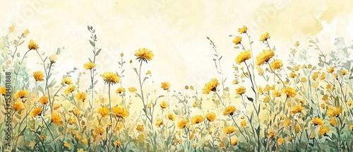 Fototapeta Naklejka Na Ścianę i Meble -  Watercolor painting of a field of yellow wildflowers on a soft, light background.  The flowers vary in height and bloom, creating a natural and vibrant scene