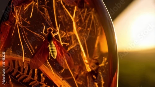 Macro shot of ancient insect trapped in golden amber, with preserved foliage and warm sunlit background, revealing fossilized detail