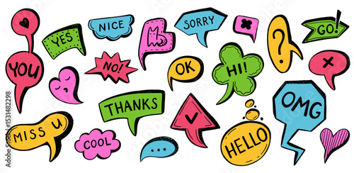 Set of color speech bubbles short phrases. Typography design messages, yes, ok, no, hi, omg, hello, go, thanks. Hand draw vector illustration