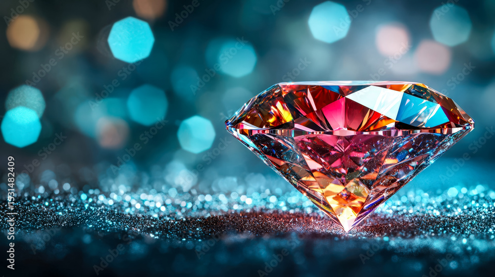 Close-up of a sparkling red gemstone on a glittery surface with bokeh background Close-up of a sparkling red gemstone on a glittery surface with bokeh background