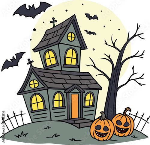 haunted house with bats pumpkins and scary tree night