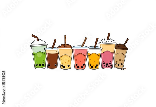 Cute doodle bubble tea cup collection, various drinks, sale banner,  food,  sweet
