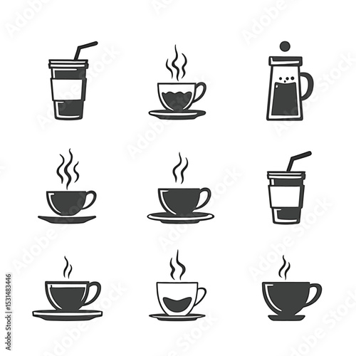 Cafe icons set silhouette coffee tea drinks beverage cups