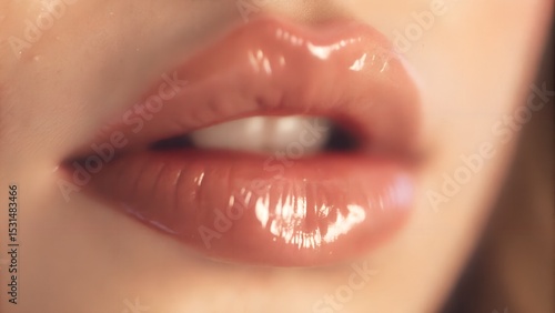 Primer plano de labios brillantes con barra de labios nude y brillo sutil