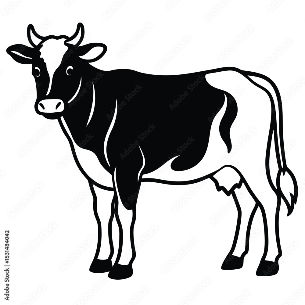 Isolated cow stands, exhibiting bold black and white Holstein patterned hide, creating a striking vector Isolated cow stands, exhibiting bold black and white Holstein patterned hide, creating a striking vector