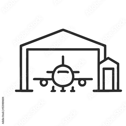 Front view airplane in hangar icon in black and white outline